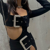 Asymmetric Cutout Crystal Buckle Detail Long Sleeve Bodysuit - Black